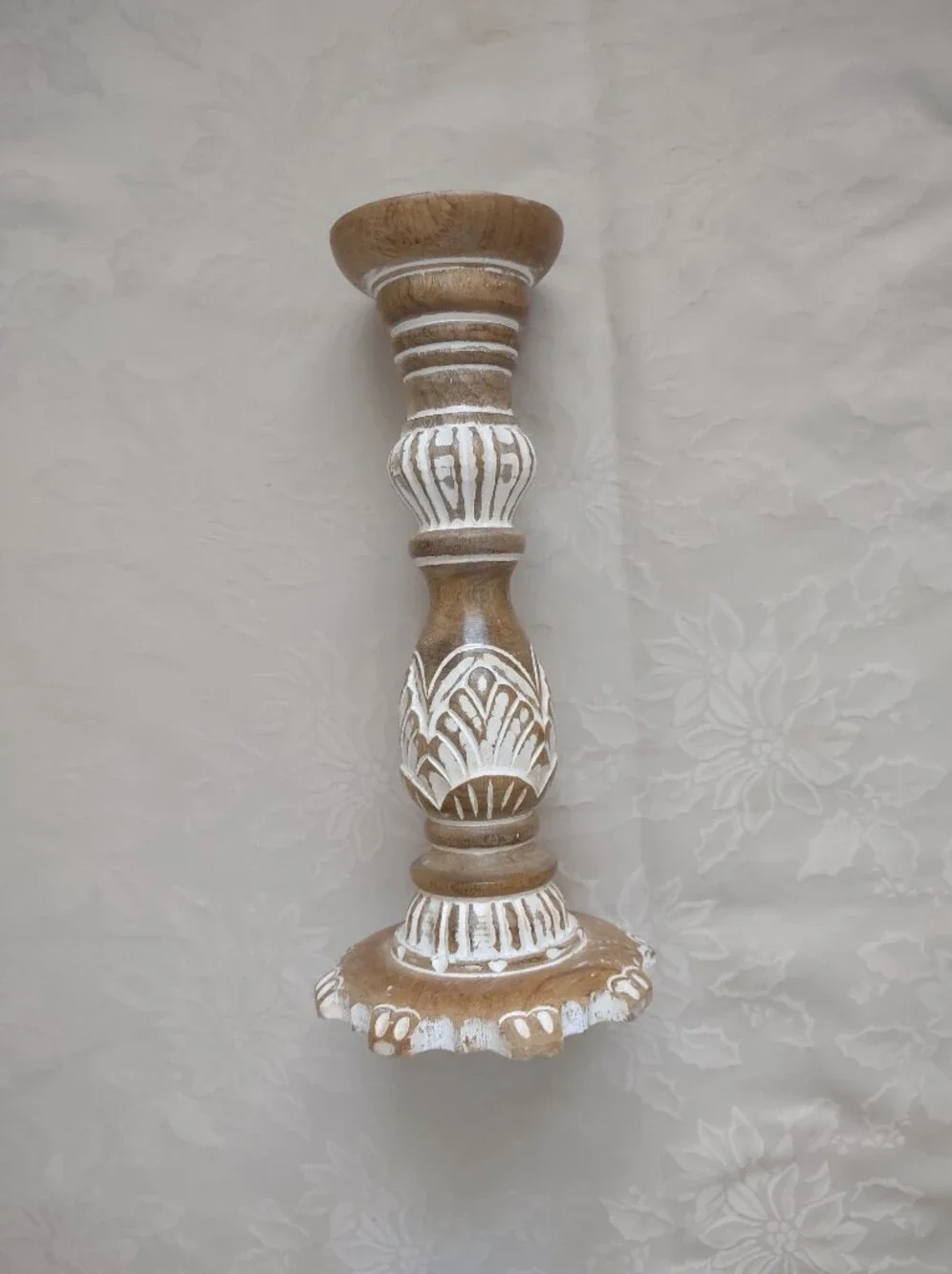 Tall Brushed White Wooden Candle Holder Pillar Etched Carved Distressed
